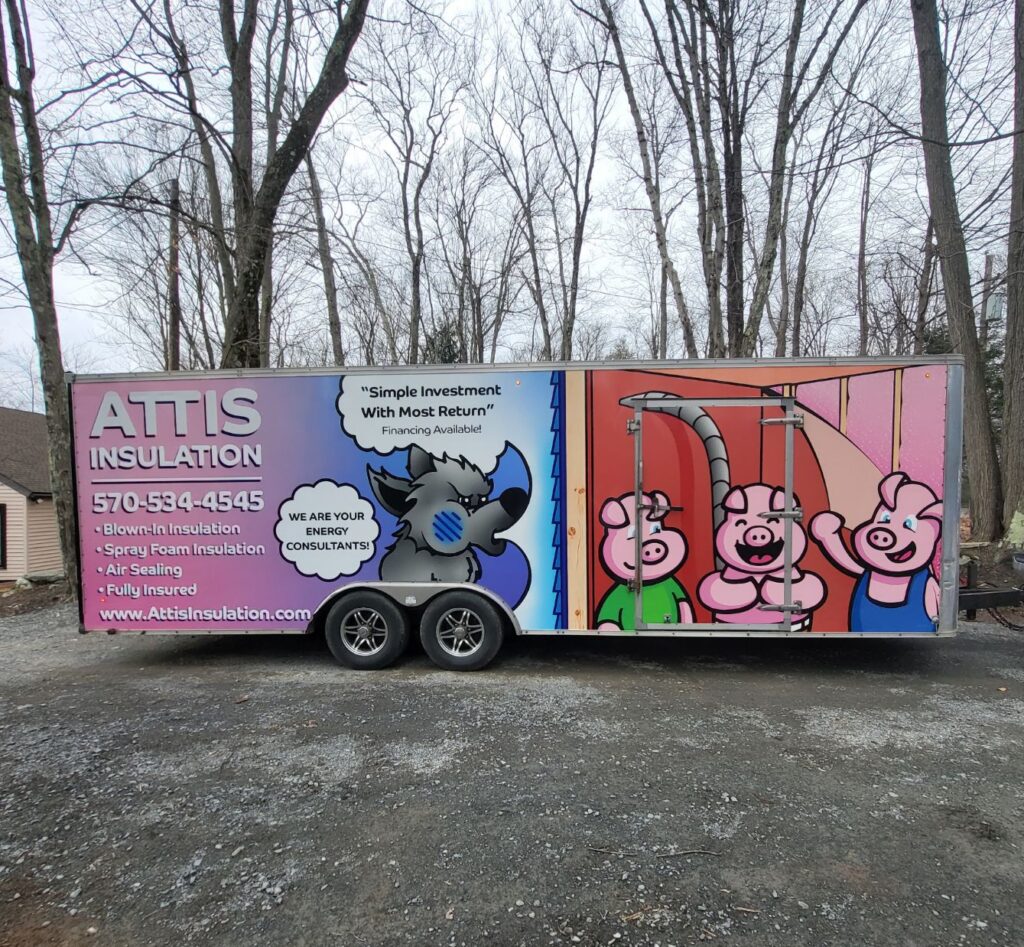 Attis fiberglass blown-in insulation trailer with Attis piggies branding