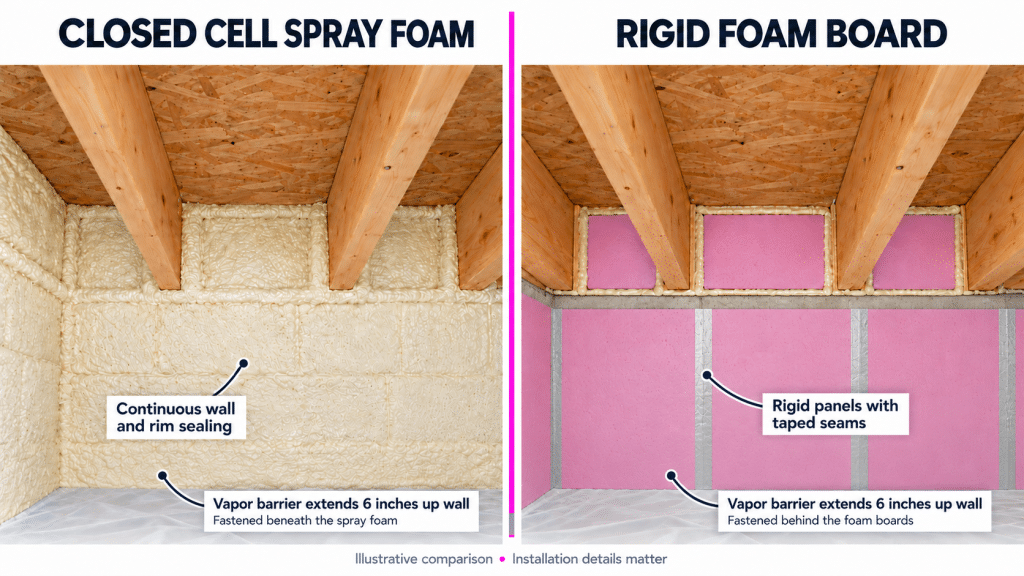 Side-by-side illustration of closed cell spray foam and rigid foam board insulation at crawl space foundation walls and rim joists.