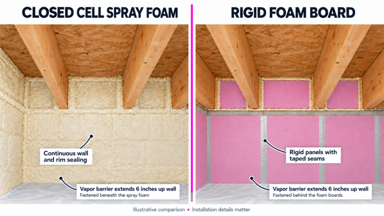 Side-by-side illustration of closed cell spray foam and rigid foam board insulation at crawl space foundation walls and rim joists.