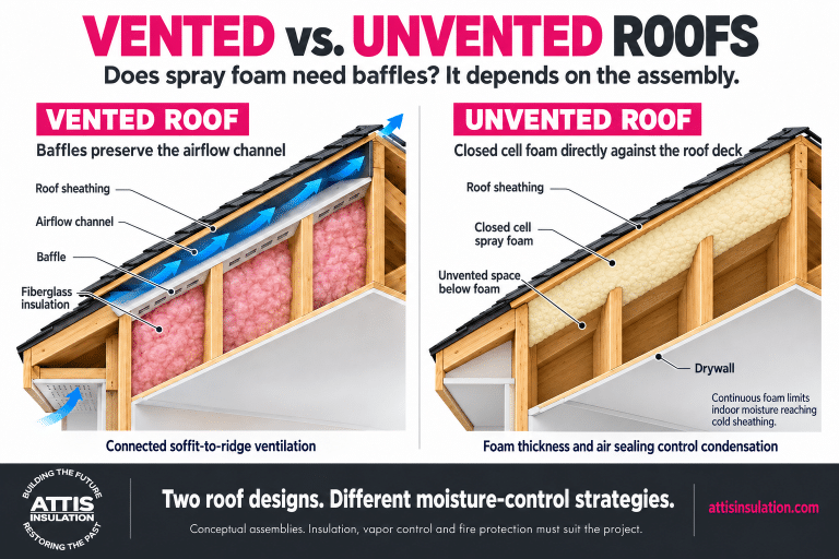 Side-by-side roof cutaways showing moisture movement through fiberglass toward a ventilation channel and closed cell spray foam against roof sheathing.